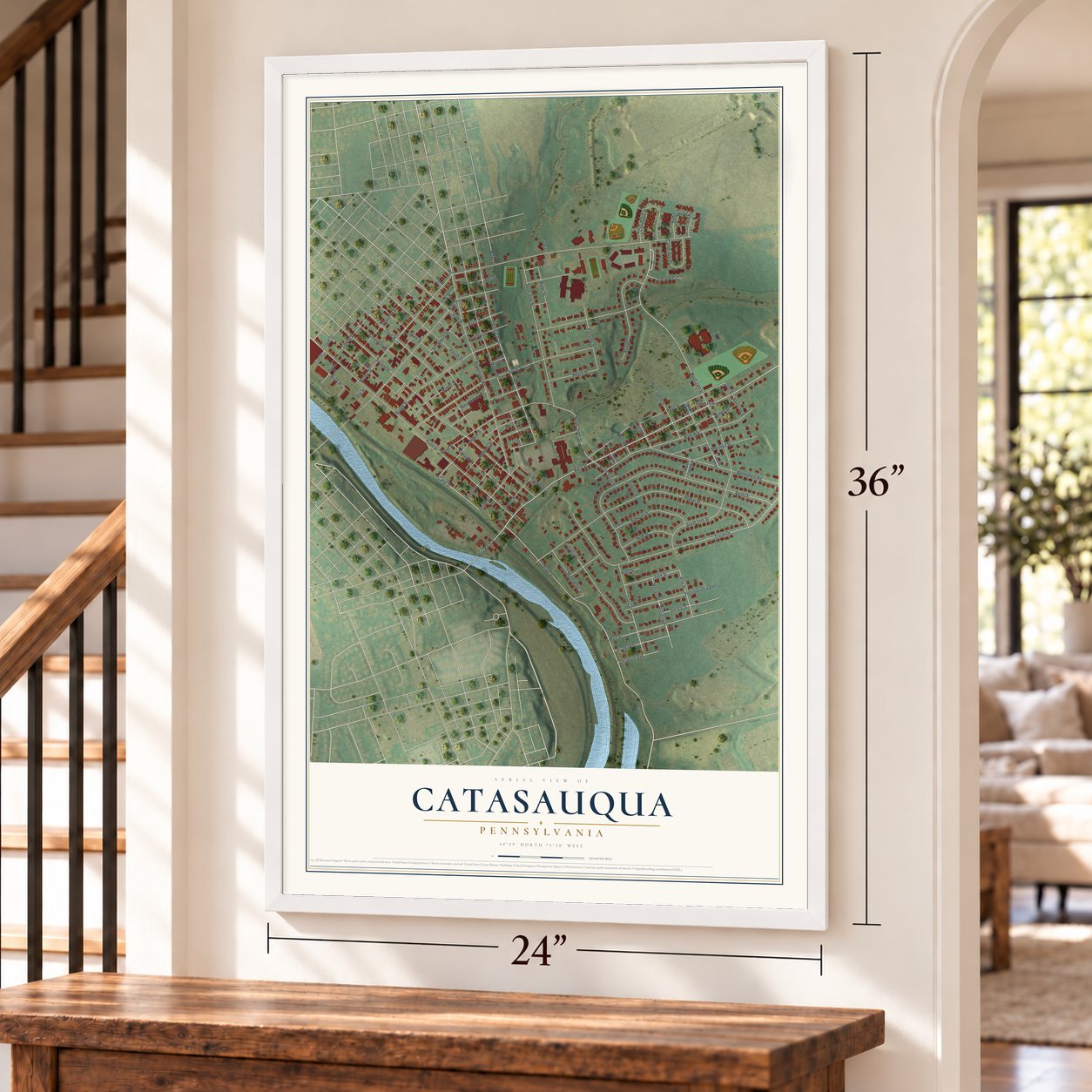 Catasauqua, Pennsylvania map, 24 x 36 inch print in a white frame by a staircase