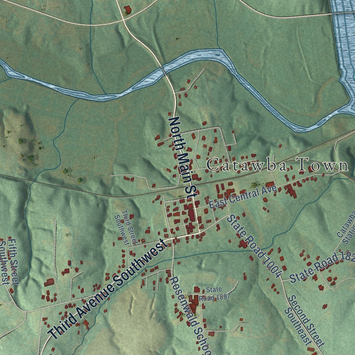 Second close-up of the map of Catawba, North Carolina print showing more streets and buildings