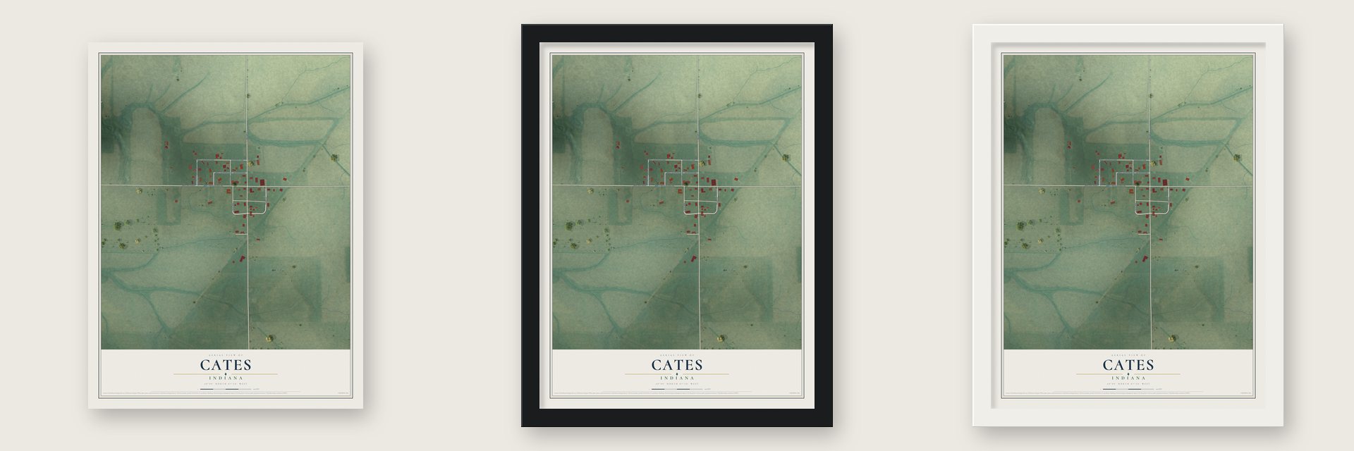 Cates, Indiana map unframed, in a black wood frame and in a white wood frame