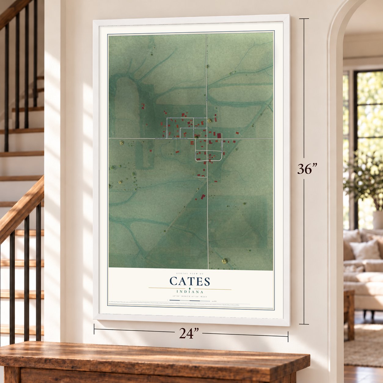 Cates, Indiana map, 24 x 36 inch print in a white frame by a staircase