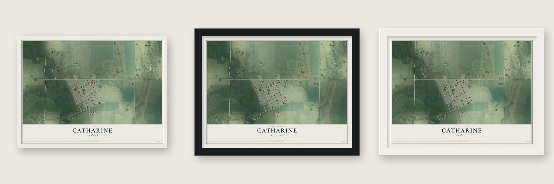 Catharine, Kansas map unframed, in a black wood frame and in a white wood frame