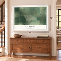 Catharine, Kansas map, 24 x 36 inch print in a white frame above a dresser by a staircase