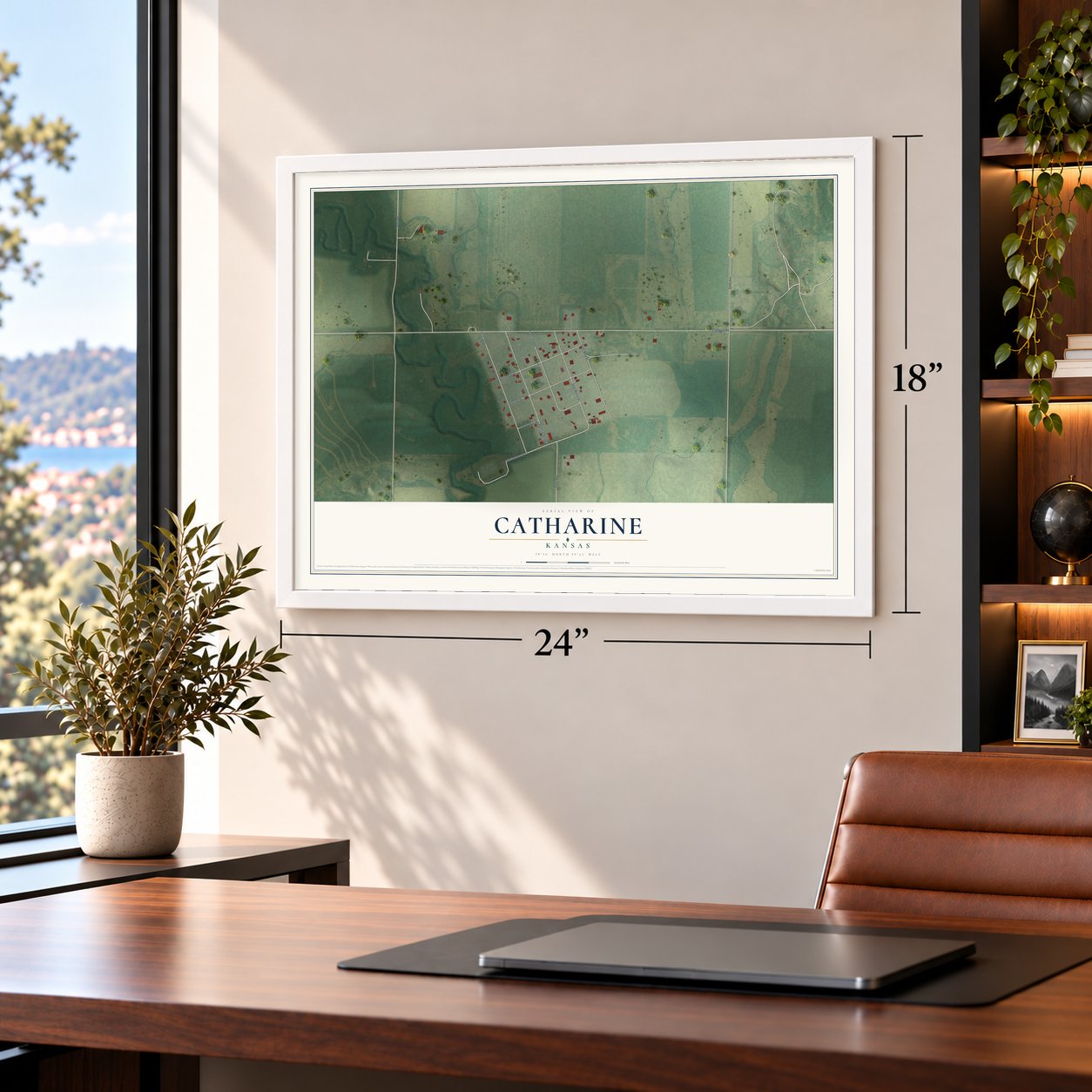 Catharine, Kansas map, 18 x 24 inch print in a white frame in a home office