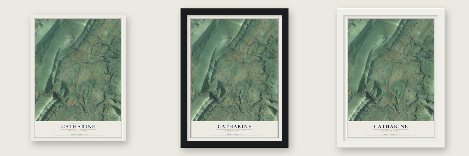 Catharine, Pennsylvania map unframed, in a black wood frame and in a white wood frame