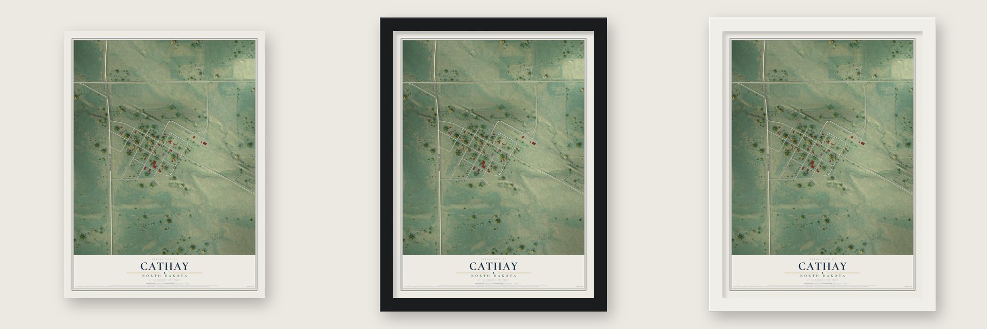 Cathay, North Dakota map unframed, in a black wood frame and in a white wood frame