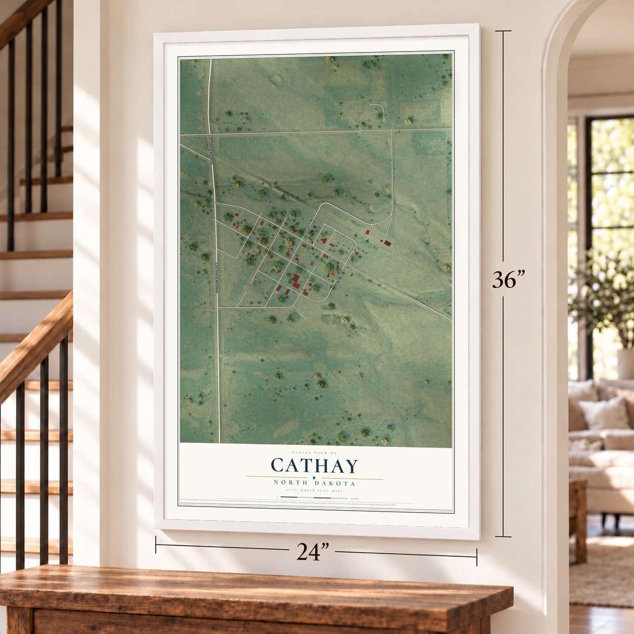 Cathay, North Dakota map, 24 x 36 inch print in a white frame by a staircase