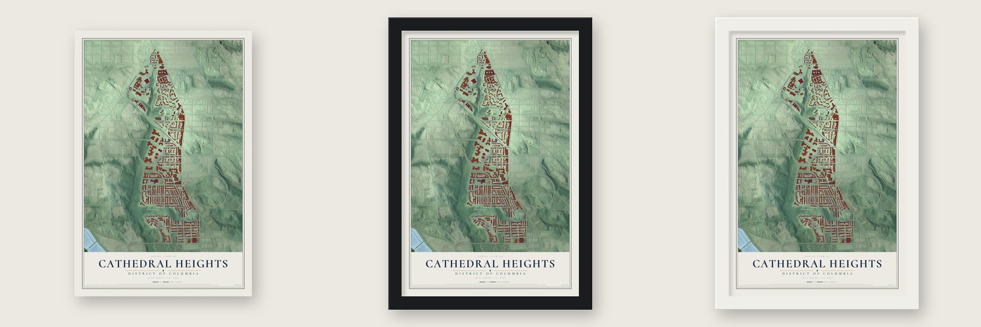 Cathedral Heights, District of Columbia map unframed, in a black wood frame and in a white wood frame