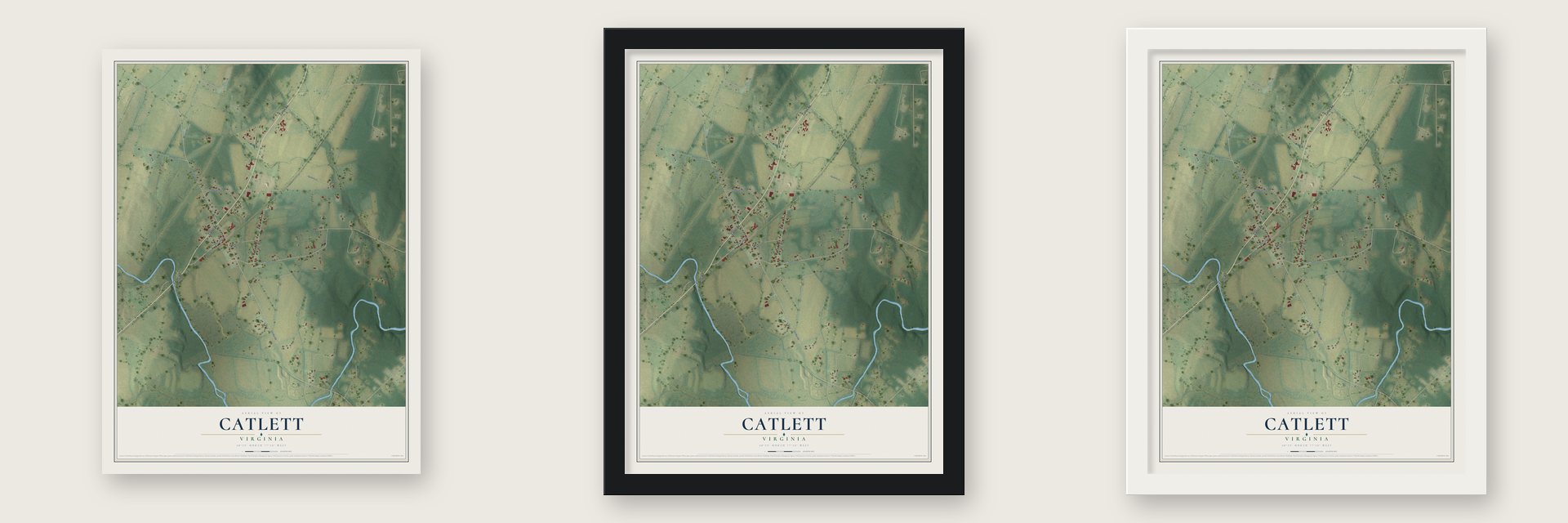 Catlett, Virginia map unframed, in a black wood frame and in a white wood frame