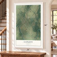 Catlett, Virginia map, 24 x 36 inch print in a white frame by a staircase
