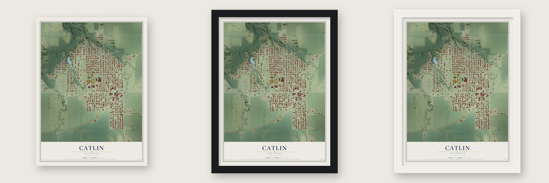 Catlin, Illinois map unframed, in a black wood frame and in a white wood frame