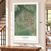 Catlin, Illinois map, 24 x 36 inch print in a white frame by a staircase