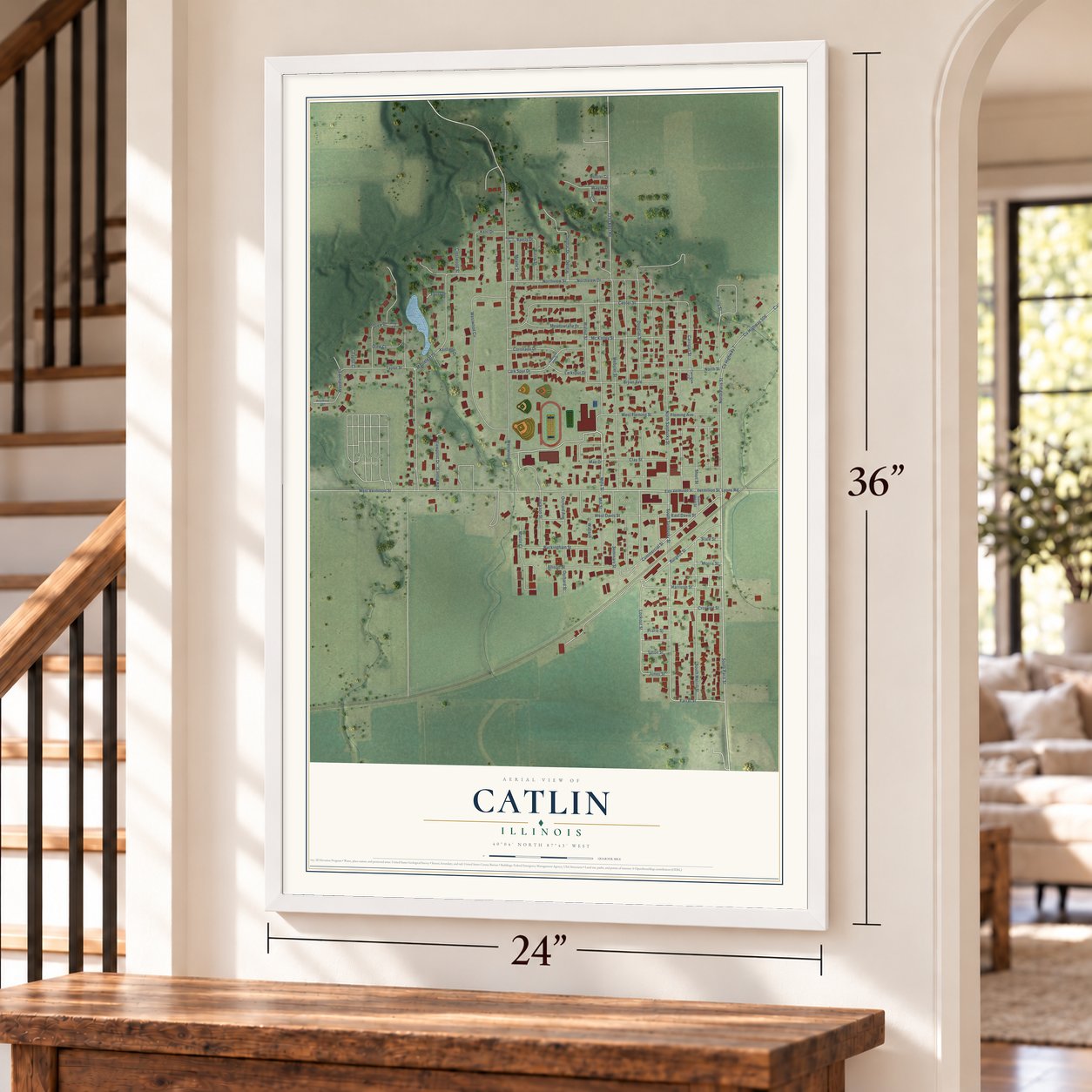 Catlin, Illinois map, 24 x 36 inch print in a white frame by a staircase