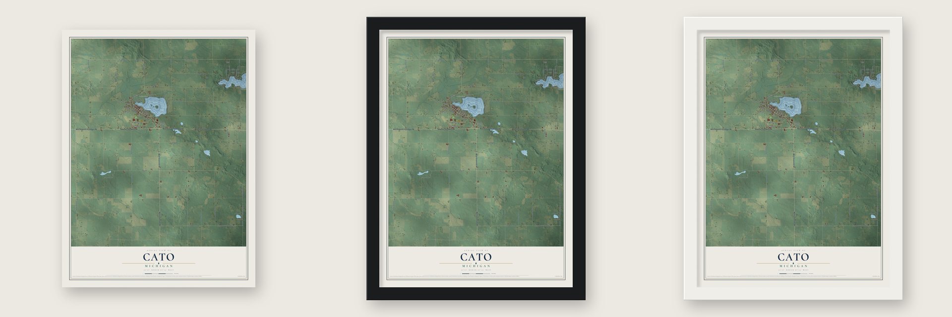 Cato, Michigan map unframed, in a black wood frame and in a white wood frame
