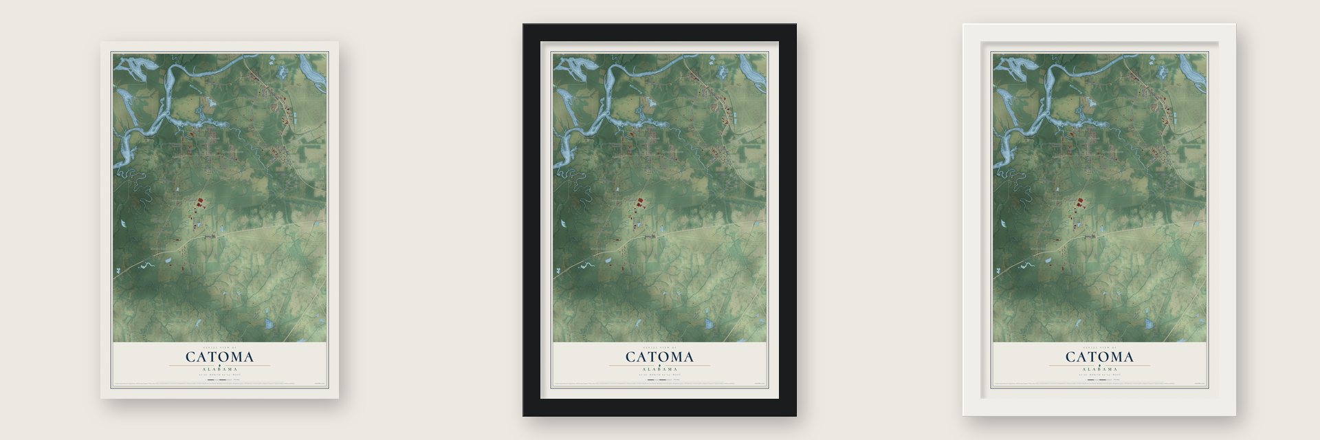 Catoma, Alabama map unframed, in a black wood frame and in a white wood frame
