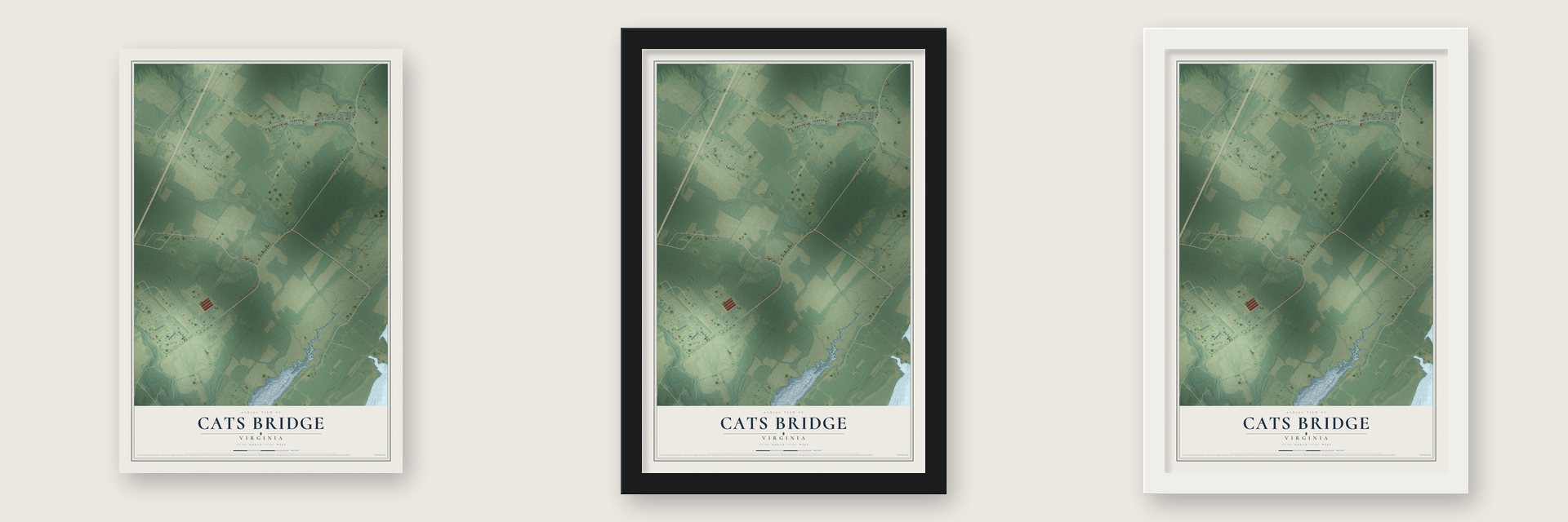 Cats Bridge, Virginia map unframed, in a black wood frame and in a white wood frame