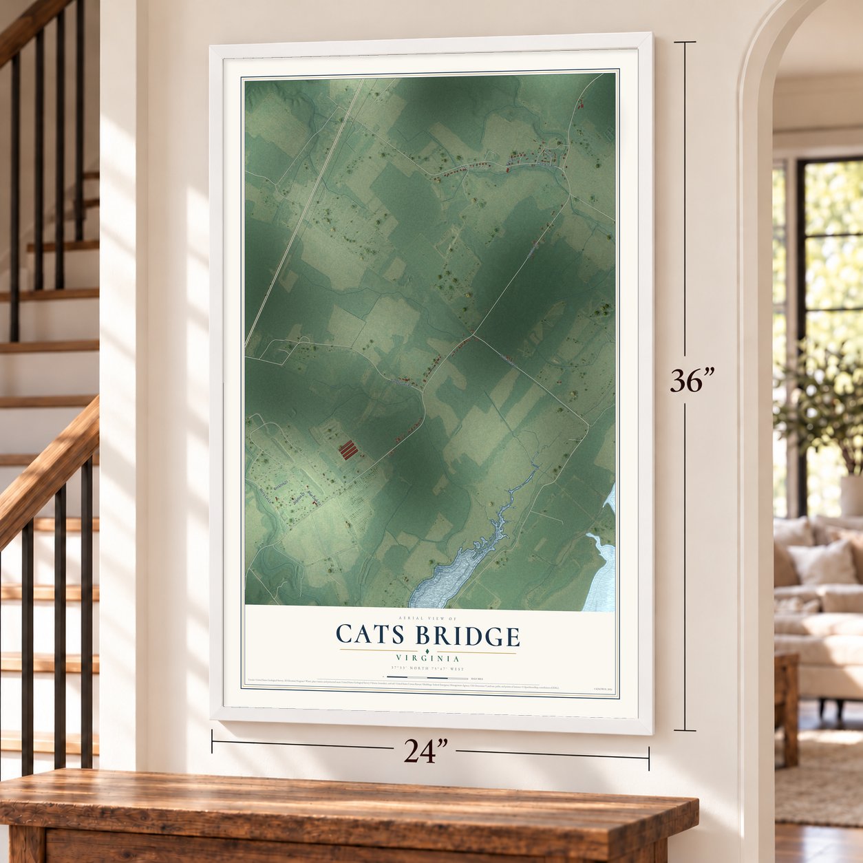 Cats Bridge, Virginia map, 24 x 36 inch print in a white frame by a staircase
