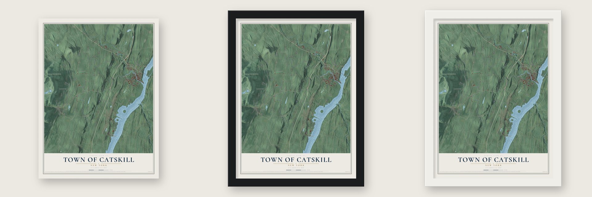 Town of Catskill, New York map unframed, in a black wood frame and in a white wood frame
