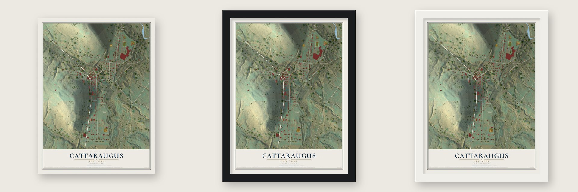 Cattaraugus, New York map unframed, in a black wood frame and in a white wood frame