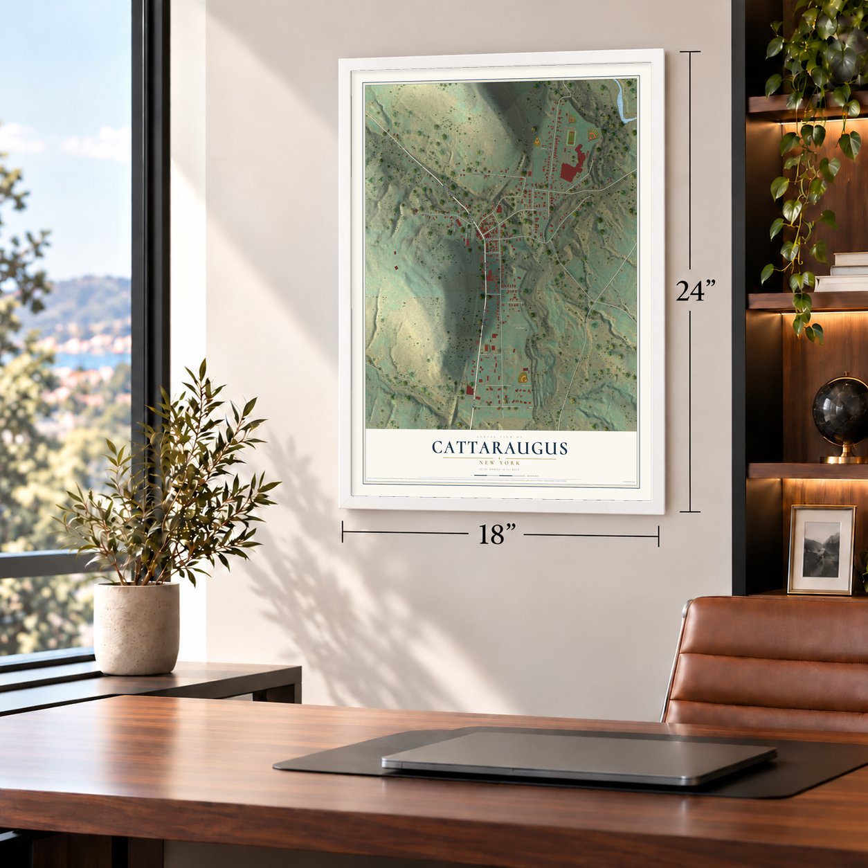 Cattaraugus, New York map, 18 x 24 inch print in a white frame in a home office