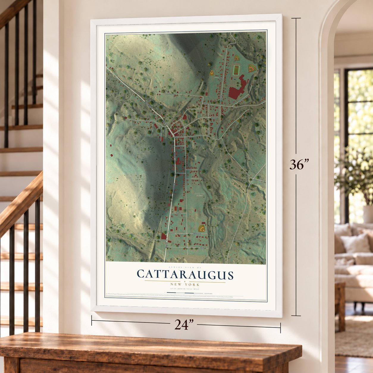 Cattaraugus, New York map, 24 x 36 inch print in a white frame by a staircase