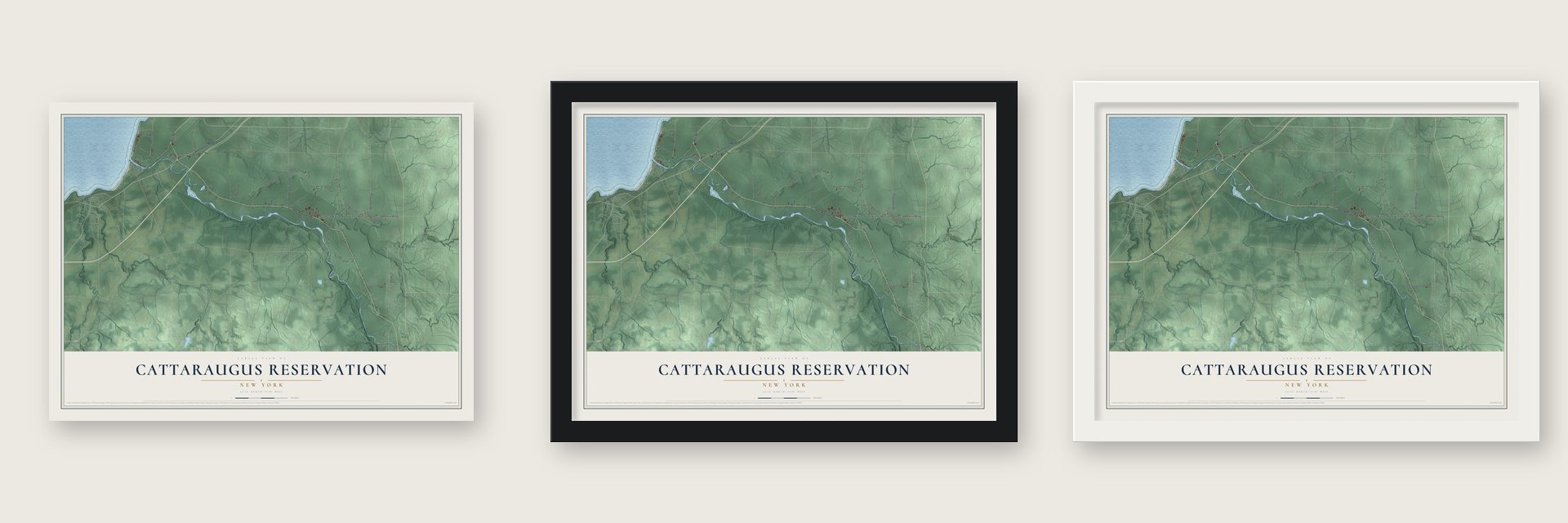 Cattaraugus Reservation, New York map unframed, in a black wood frame and in a white wood frame