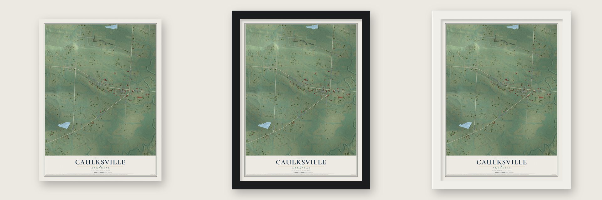 Caulksville, Arkansas map unframed, in a black wood frame and in a white wood frame