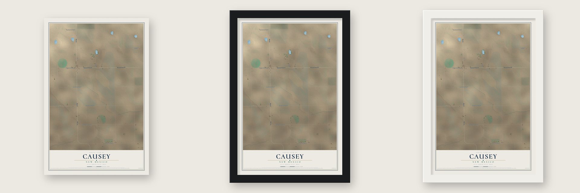 Causey, New Mexico map unframed, in a black wood frame and in a white wood frame