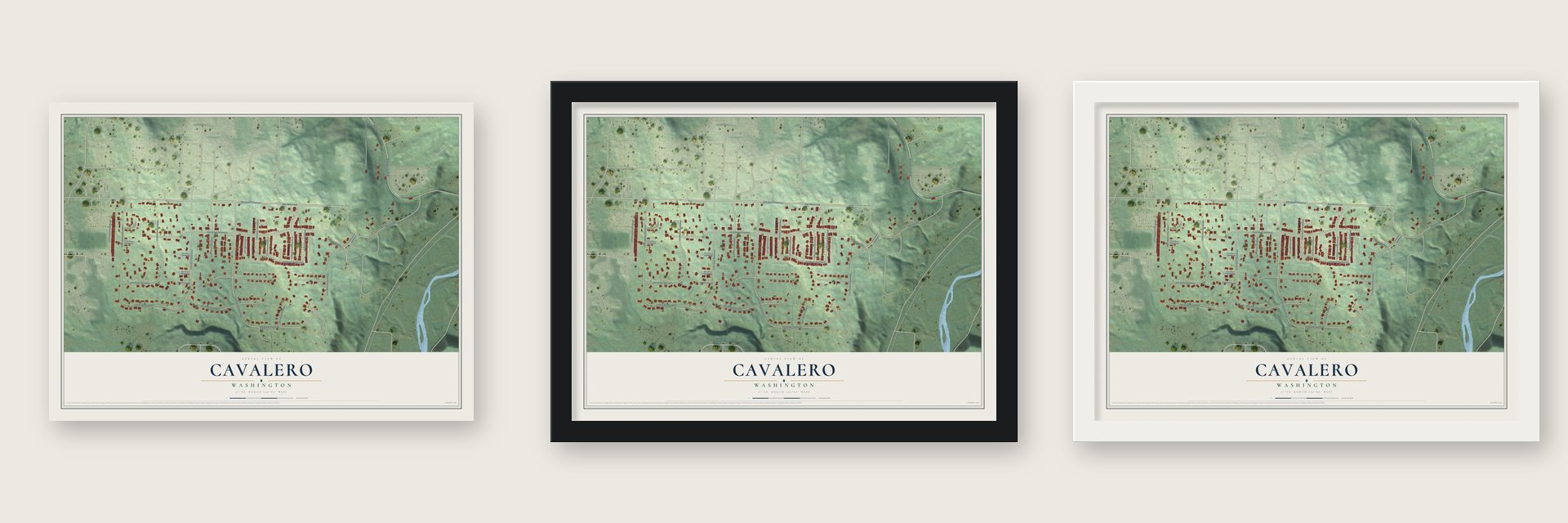 Cavalero, Washington map unframed, in a black wood frame and in a white wood frame