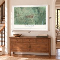 Cavalero, Washington map, 24 x 36 inch print in a white frame above a dresser by a staircase