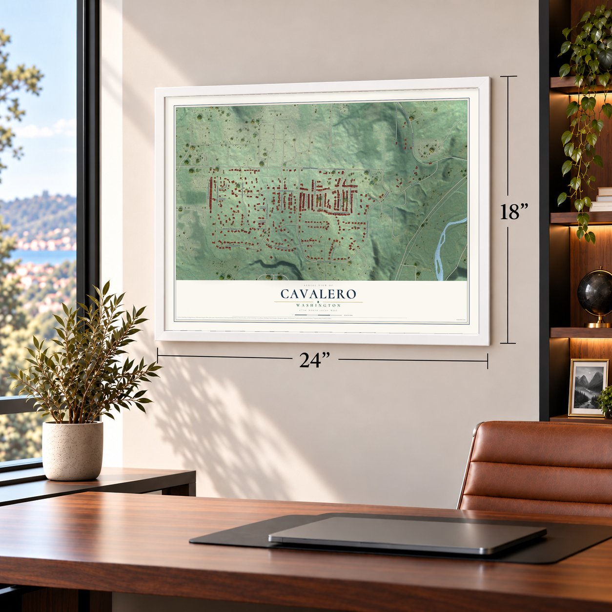 Cavalero, Washington map, 18 x 24 inch print in a white frame in a home office