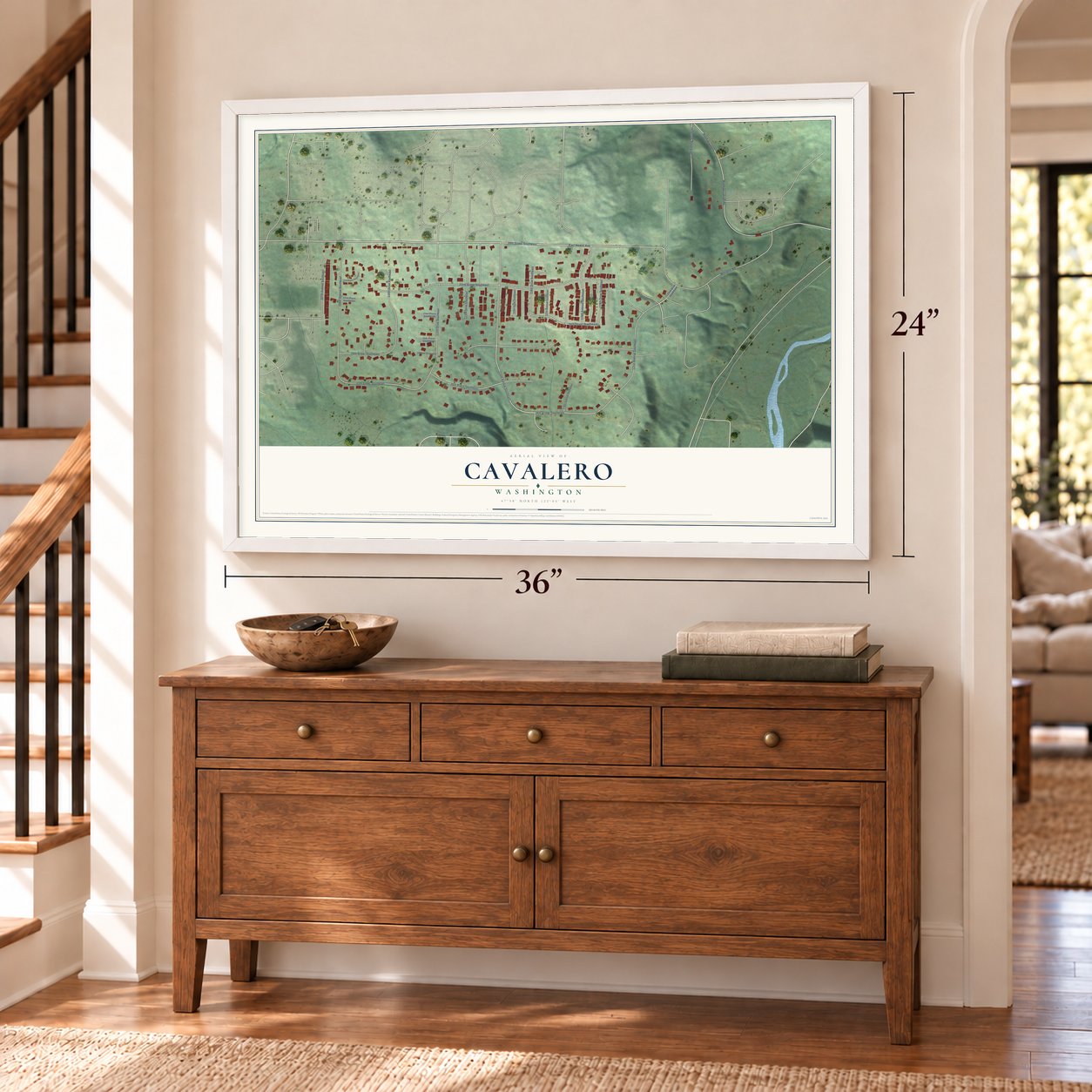 Cavalero, Washington map, 24 x 36 inch print in a white frame above a dresser by a staircase