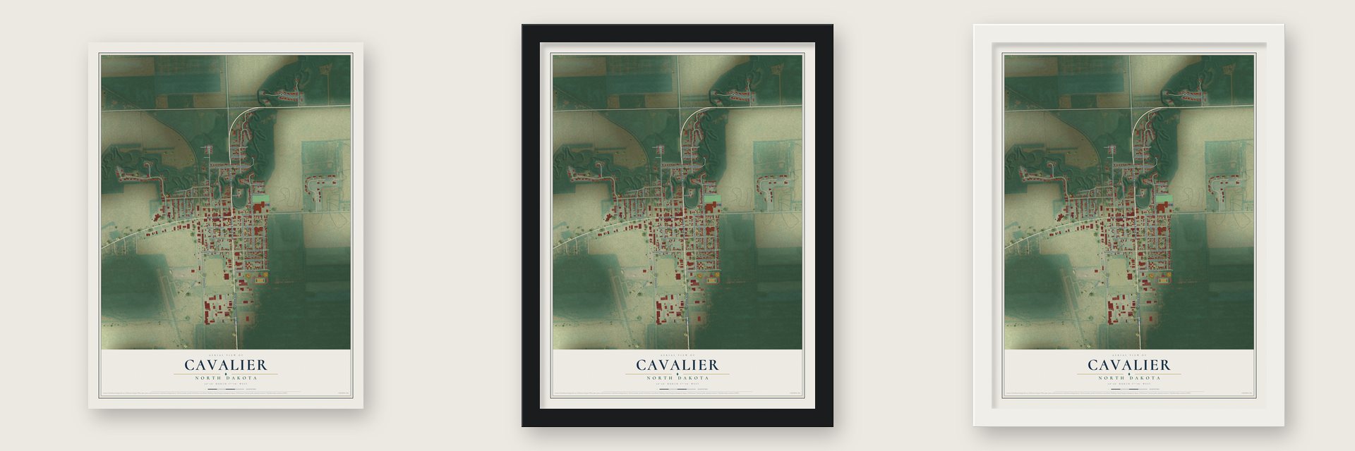 Cavalier, North Dakota map unframed, in a black wood frame and in a white wood frame
