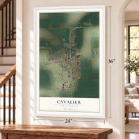 Cavalier, North Dakota map, 24 x 36 inch print in a white frame by a staircase