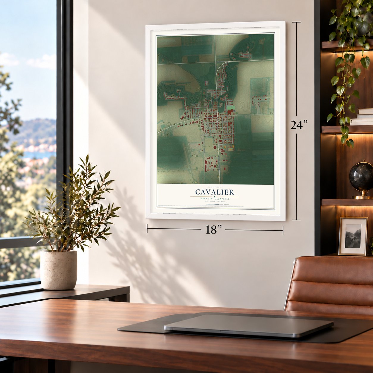 Cavalier, North Dakota map, 18 x 24 inch print in a white frame in a home office