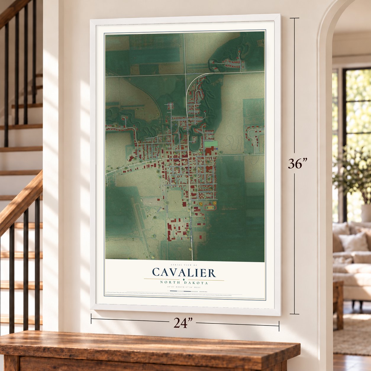 Cavalier, North Dakota map, 24 x 36 inch print in a white frame by a staircase
