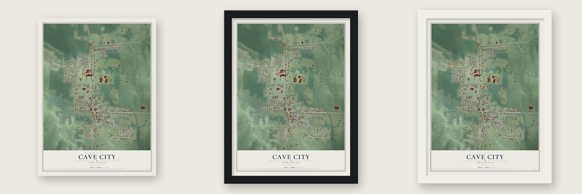 Cave City, Arkansas map unframed, in a black wood frame and in a white wood frame