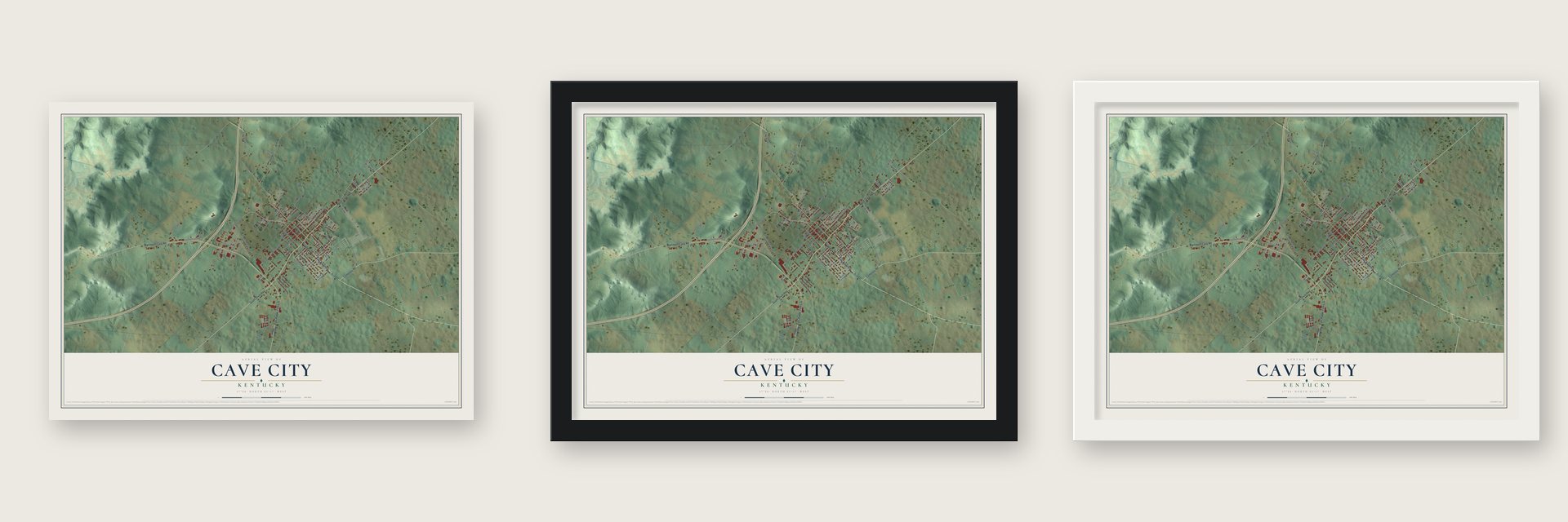 Cave City, Kentucky map unframed, in a black wood frame and in a white wood frame