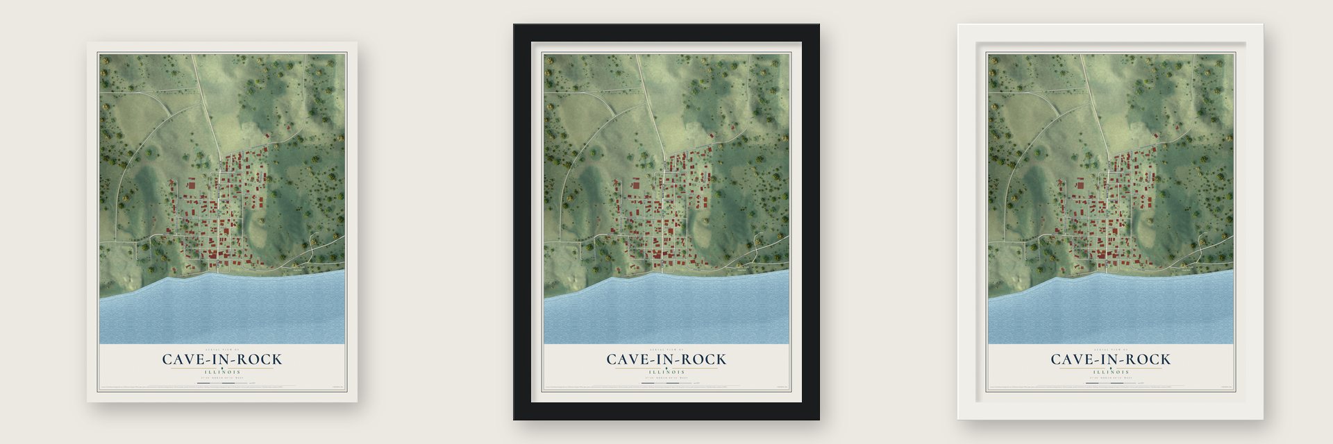 Cave-In-Rock, Illinois map unframed, in a black wood frame and in a white wood frame