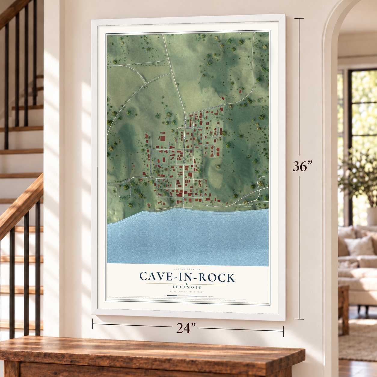 Cave-In-Rock, Illinois map, 24 x 36 inch print in a white frame by a staircase