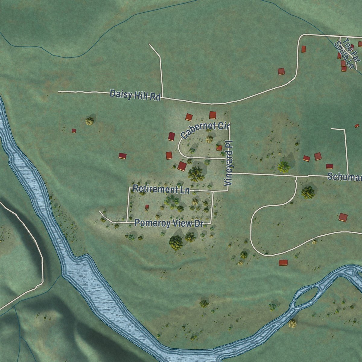 Second close-up of the map of Cave Junction, Oregon print showing more streets and buildings