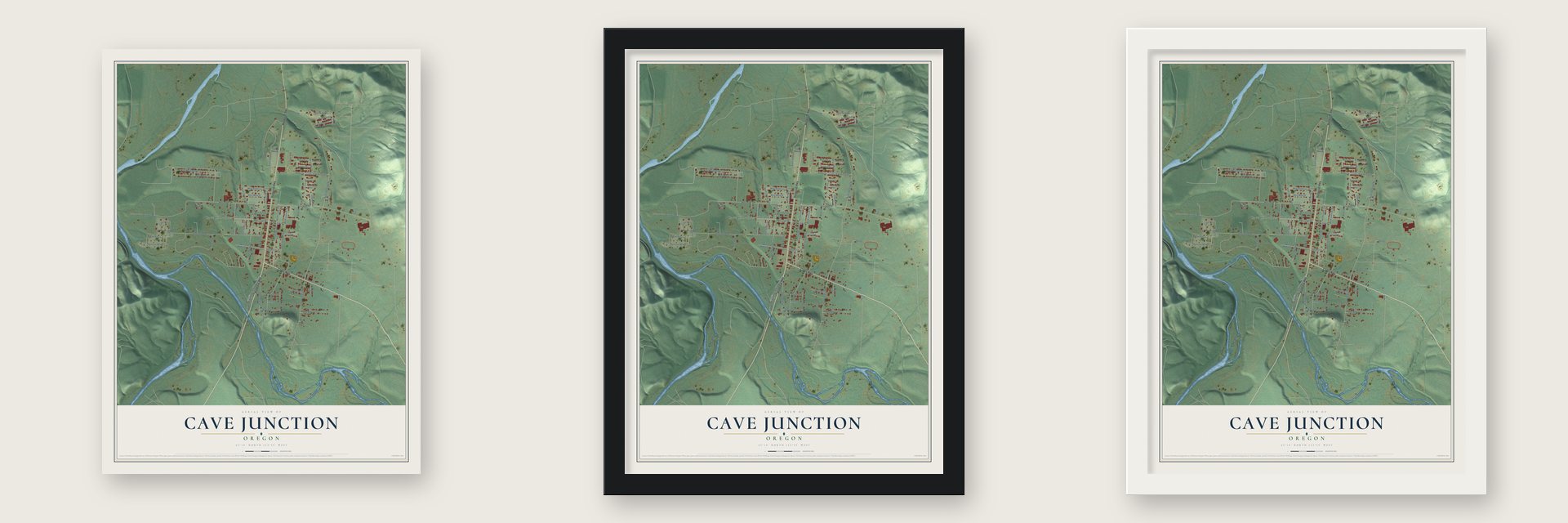 Cave Junction, Oregon map unframed, in a black wood frame and in a white wood frame