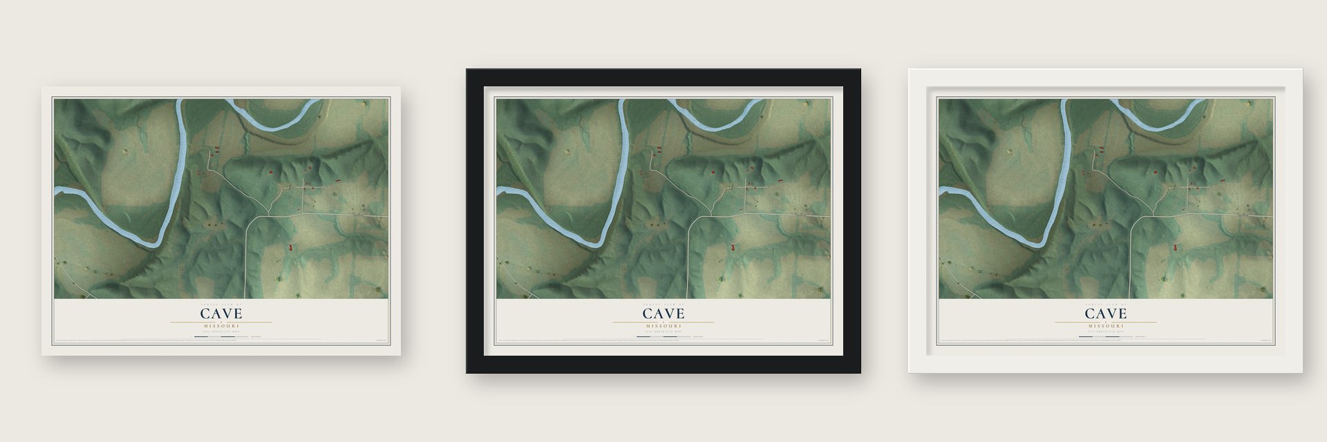 Cave, Missouri map unframed, in a black wood frame and in a white wood frame
