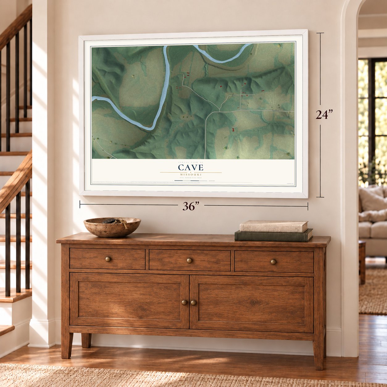 Cave, Missouri map, 24 x 36 inch print in a white frame above a dresser by a staircase