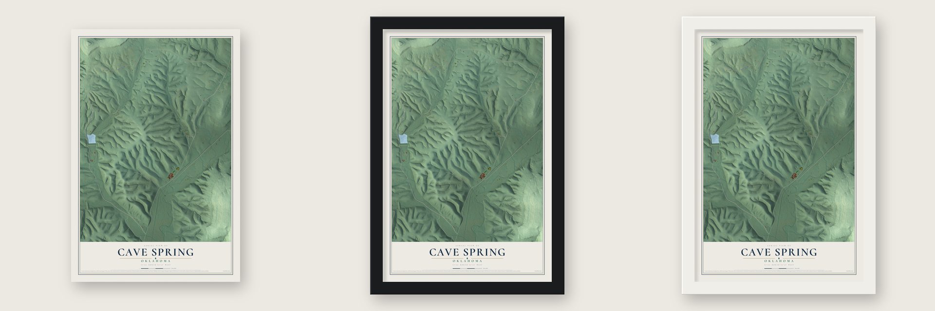 Cave Spring, Oklahoma map unframed, in a black wood frame and in a white wood frame