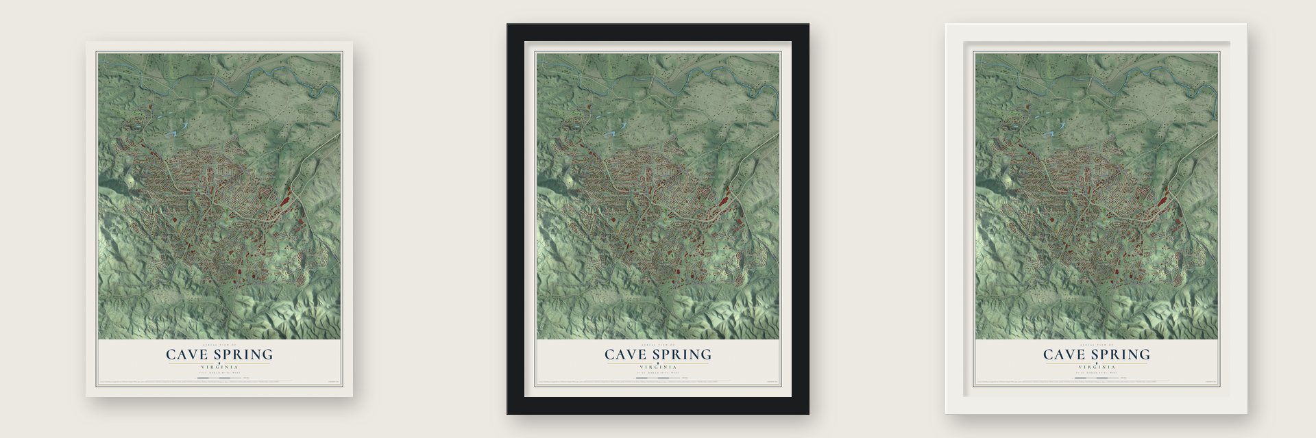 Cave Spring, Virginia map unframed, in a black wood frame and in a white wood frame