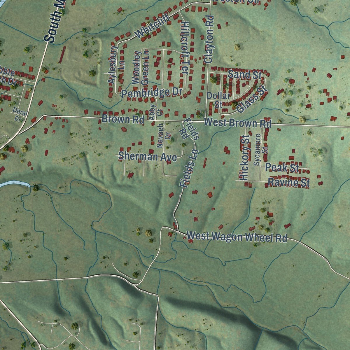 Second close-up of the map of Cave Springs, Arkansas print showing more streets and buildings