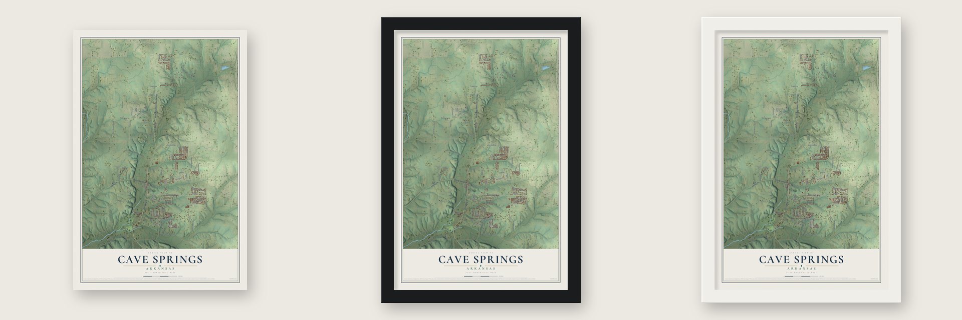 Cave Springs, Arkansas map unframed, in a black wood frame and in a white wood frame