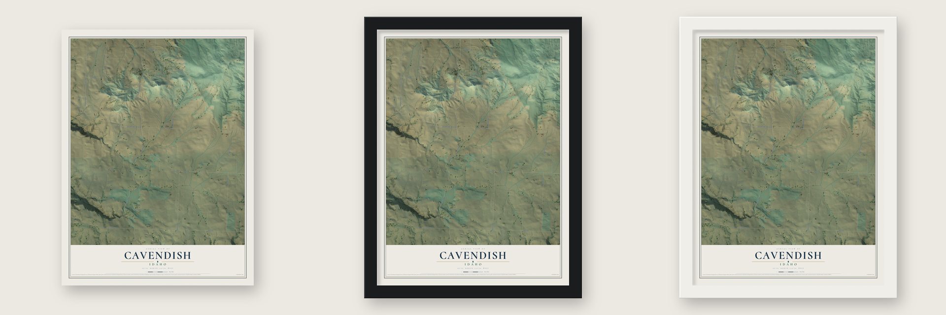 Cavendish, Idaho map unframed, in a black wood frame and in a white wood frame