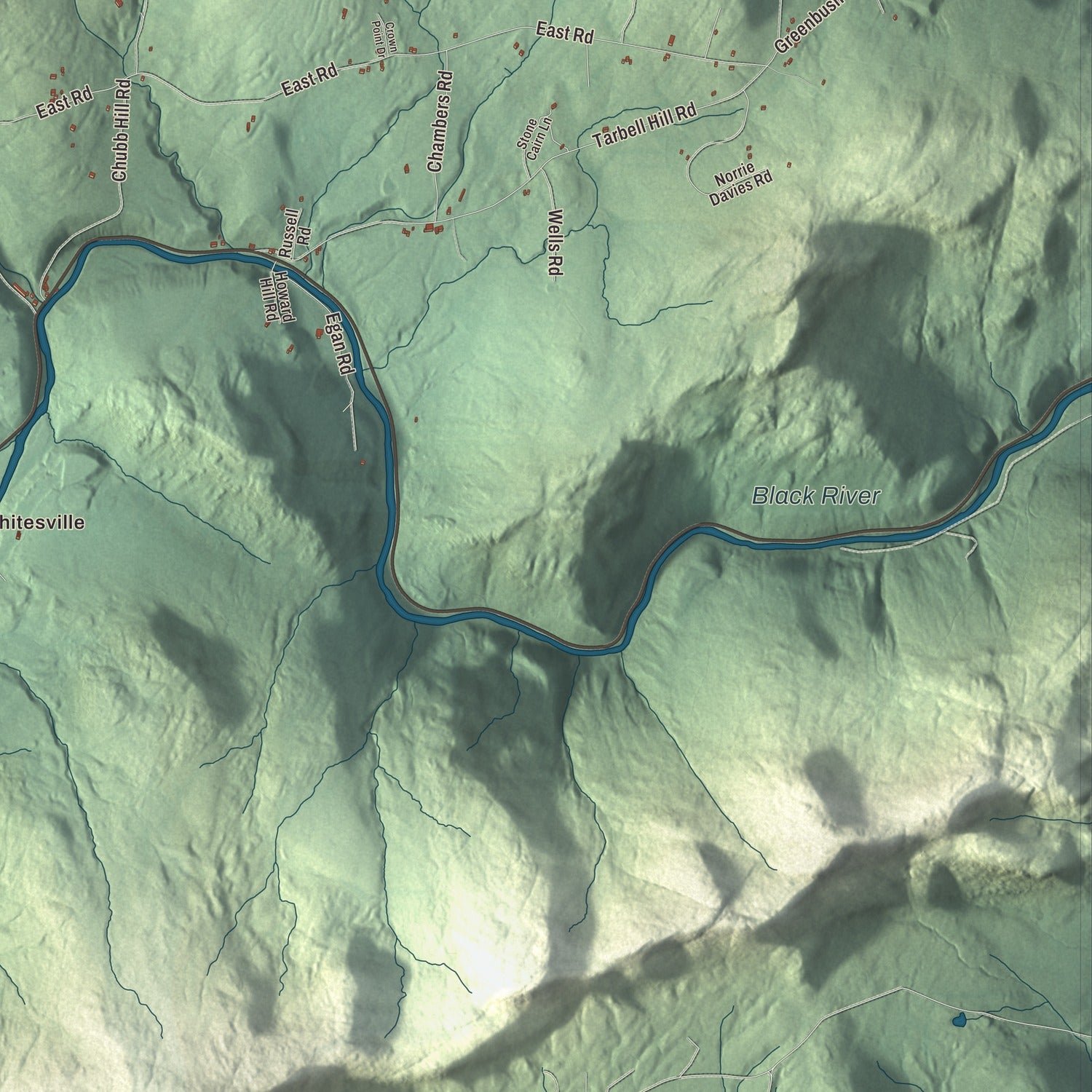 Close-up of the map of Cavendish, Vermont print showing terrain and local geography