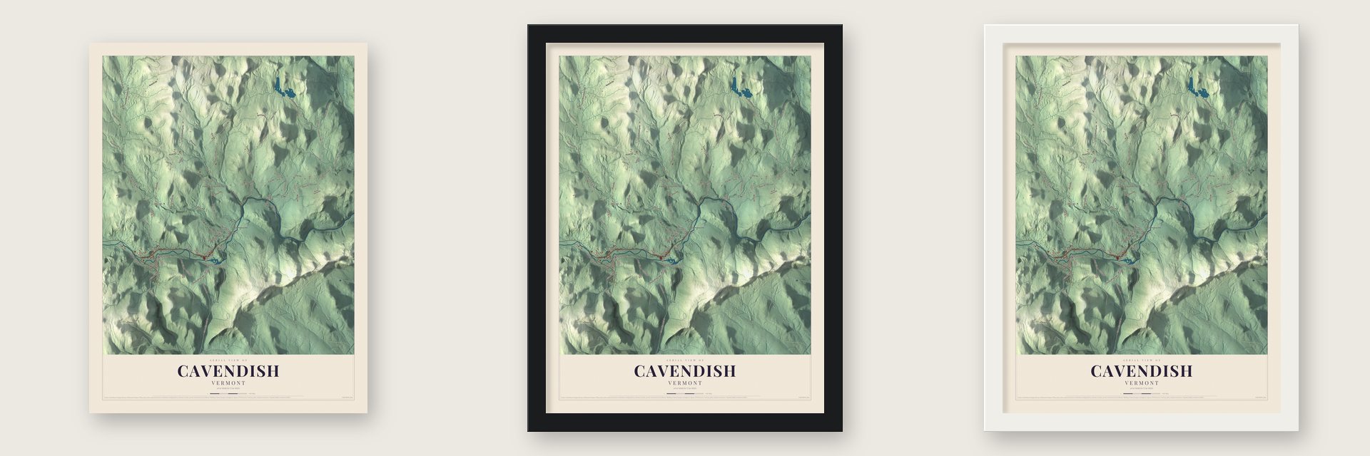 Cavendish, Vermont map unframed, in a black wood frame and in a white wood frame